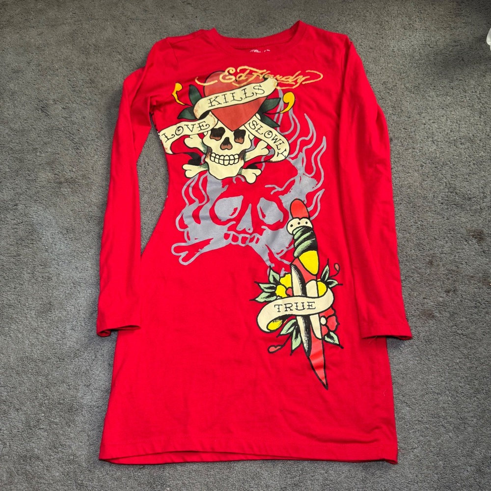 Ed Hardy Red Long Sleeve Mini Dress Love Kills Slowly Tiger Graphic Y2K Small
